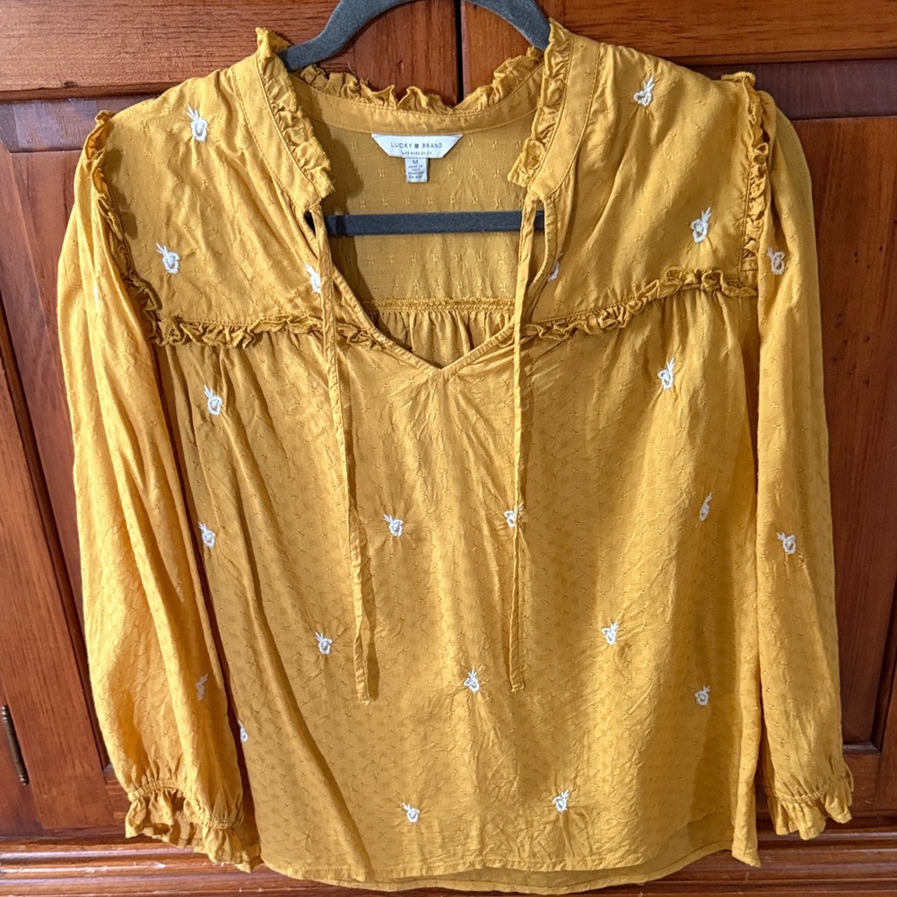 Lucky Brand Mustard Blouse with Embroidery